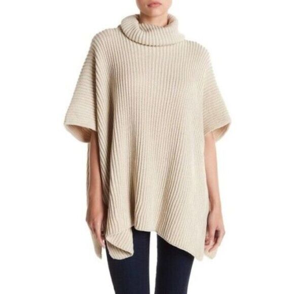NEW! Steve Madden Ribbed Poncho Sweater - One Size in Beige - Picture 1 of 13